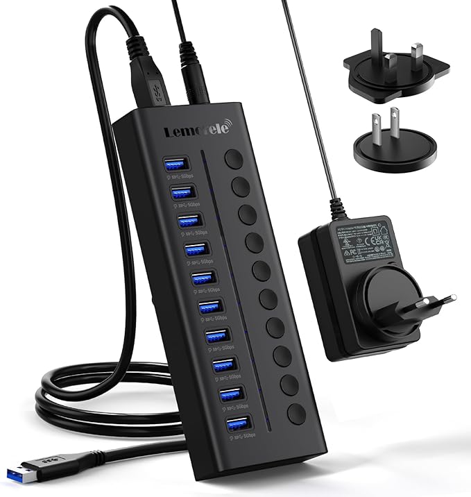 Lemorele 10-Port 24W USB3.0 Powered USB Hub with Individual LED On/Off Switches USB Splitter Support 5Gbps Data Transfer &amp 5V 0.9A Charge for Phone Power Bank TWS etc.