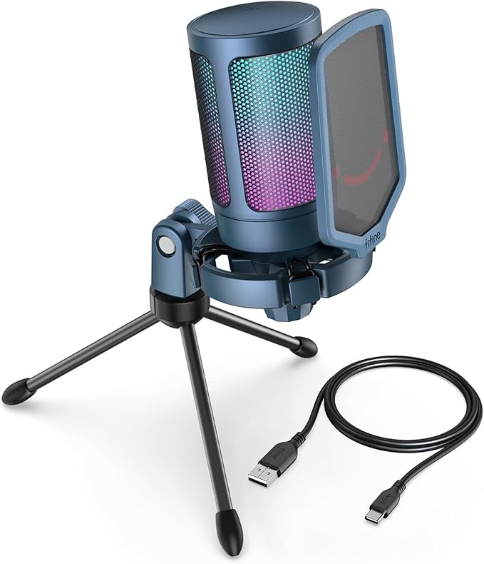 FIFINE Gaming Streaming USB PC Microphone for Mac OS/Windows AmpliGame Condenser Cardioid Mic with RGB for Video Vocal Recording Twitch Discord Gamer Computer Mic-Blue