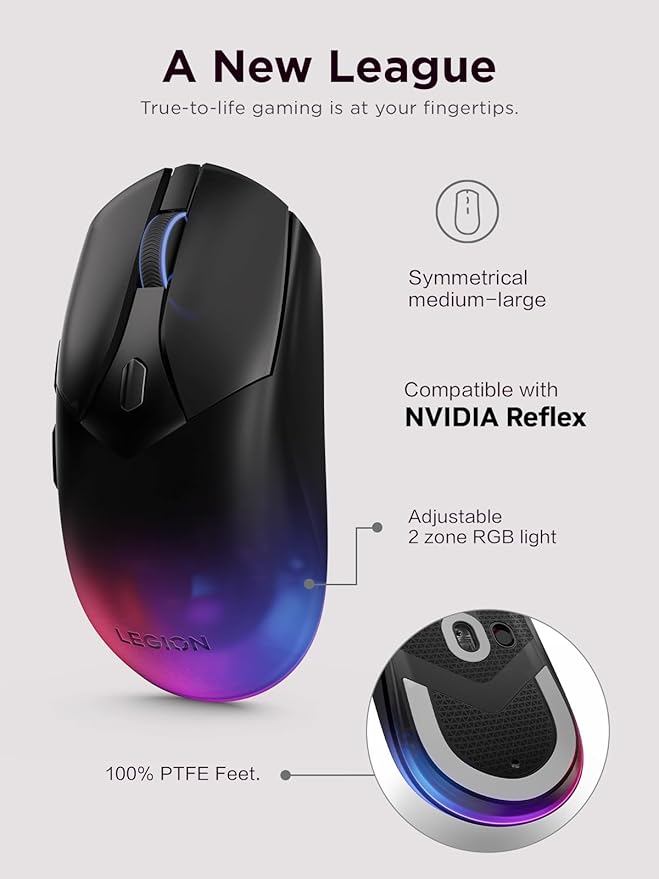 Lenovo Legion M410 Wireless RGB Gaming Mouse – 6 Button Palm Grip Mouse with 16000 DPI 53 Hour Rechargeable Battery 2-Zone RGB Lighting NVIDIA Reflex Compatible