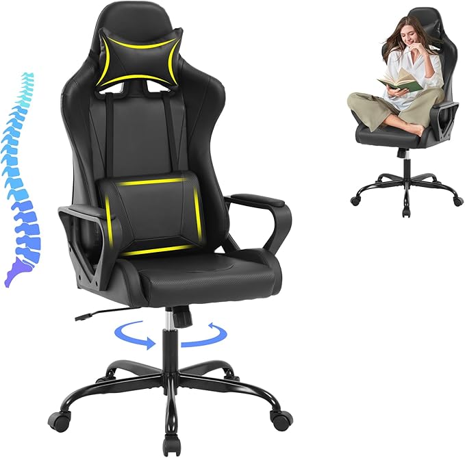 Modern Gaming Chair Ergonomic High Back PU Leather Office Chair with Lumbar Support Black