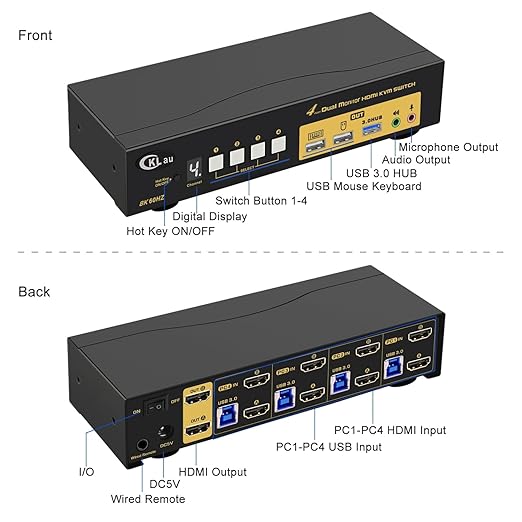 CKLau 4x2 USB 3.0 HDMI KVM Dual Monitor Switch 4 Computers 2 Monitors with CablesAudio Mircophone Digital Display Supports 8K@60Hz 4K@144Hz Emulation EDID Hotkey Switching CKLau-942Hua-5