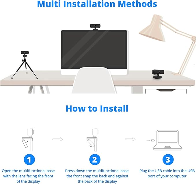 Yunseity Webcam with Microphone 1440P HD USB Computer Web Camera with 360° Rotation Auto Light Correction 2 Mics Streaming Webcam Plug &amp Play for Online Conferencing for Win for OS X
