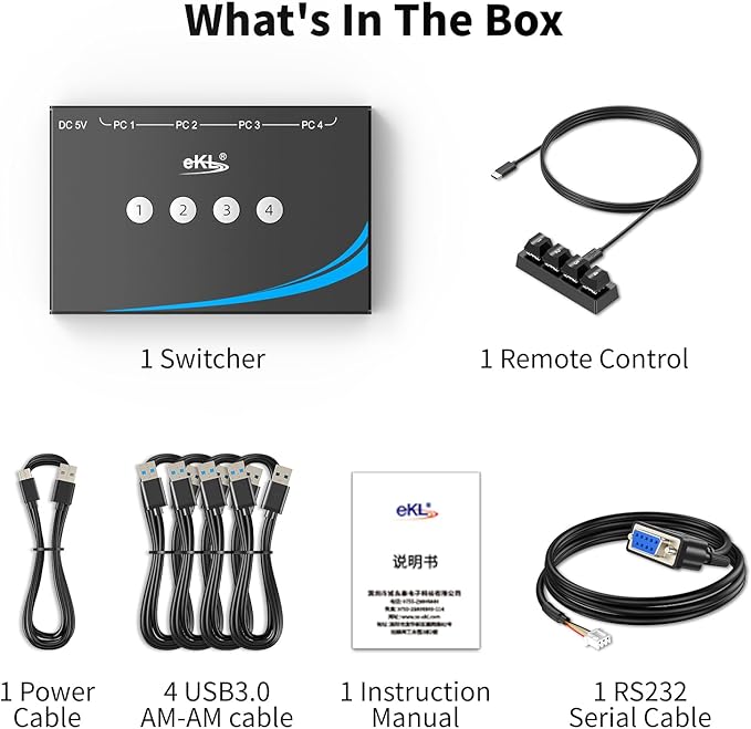 eKL USB 3.0 Switch 4 Computers Sharing Mouse Keyboard Printer Scanner 4 Port USB Switcher with RS232 Serial Switching Remote Controller 3.5mm Mic &amp Headset Audio Jack 4 USB 3.0 Cables Included