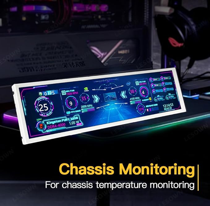 8.8 Mini Stretched Bar Monitor Touchscreen 480x1920 PC Temperature Display 600nits High Brightness Portable Secondary Screen LCD Screen Inside PC Case White