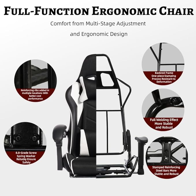Ergonomic E-Sports Gaming Chair Racing Style Seat with PU Leather High-Density Foam Lumbar Massage and Adjustable Recliner for Office and Home Gaming White