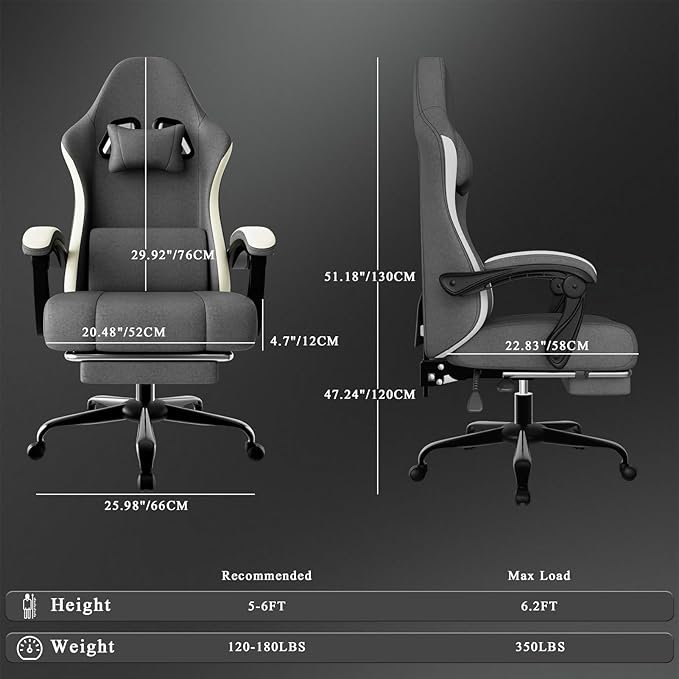 Ergonomic Gaming Chair with Pocketed Spring Cushion Breathable Fabric Computer Chair with Footrest Adjustable Lumbar Support Video Game Chair for Adults (Fabric Grey)