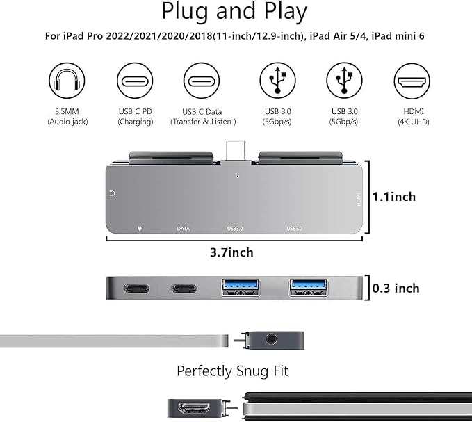 USB C HUB for iPad Pro Adapter for iPad Air iPad Pro Hub Docking Station with 4K HDMI3.5mm Headphone Jack2 USB3.0 PortsUSB C PD Charging&ampData for iPad mini M4 M2 11 12.9 13 inch Accessories
