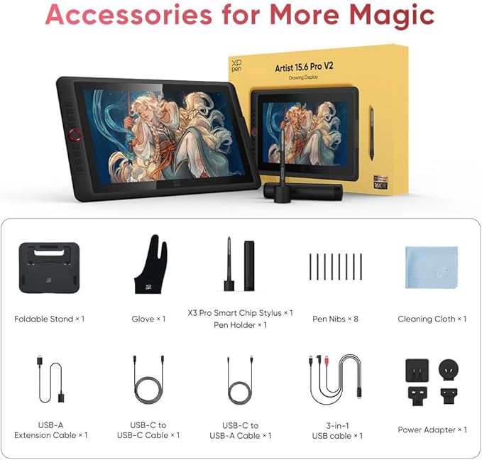 XPPen Artist 15.6 Pro V2 LCD Pen Tablet 16384 Level Pen Pressure X3 Pro Pen Full Laminated AG Screen 99% sRGB High Precision Drawing 8 Shortcut Keys Stand Included