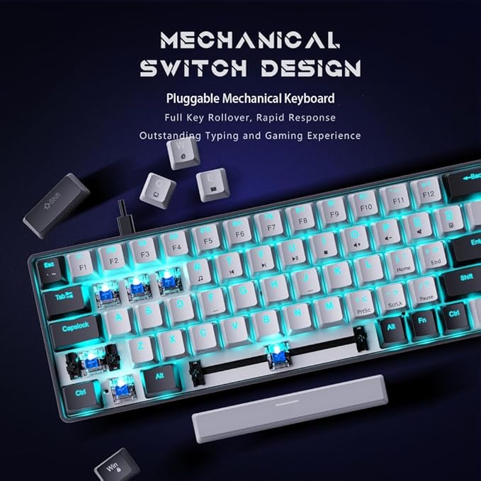 abucow 65% Mechanical Gaming KeyboardBlue Switch Wired Compact Keyboard with Blue Backlight Swappable Black Gray Keycaps for Windows/Mac
