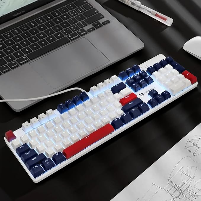 Qisan 104 Mechanical Keyboard for Gaming | Large Size USB White Backlit Gaming Keyboard Wired | US Layout Blue Switches Hot Swappable Mechanical Clicky Keyboards Compatible with PC &amp Laptop