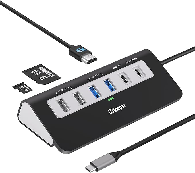 P9 USB C Hub INTPW 9-in-1 USB Multiport Adapter with 4K HDMI PD 100W USB-C and 2 USB A 3.0 5Gbps 2 USB A 2.0 SD/TF Card Reader Aluminum Powered USB Hub for PC iPhone 16/15 Series MacBook iPad