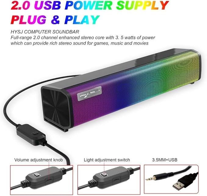 Computer Speakers Wired Computer Sound Bar Enhanced Stereo USB Powered Soundbar Speakers One Button Control for PC Tablets Laptop Cellphones