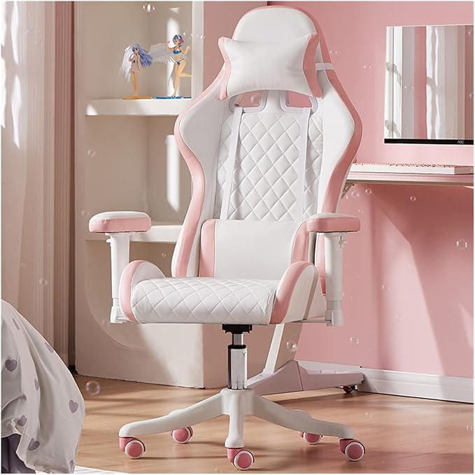 Adjustable Office Computer Chair with Armrest Chairs Pink Gaming Chair Girls Home Office Comfortable Game Swivel Gamer Computer(White)