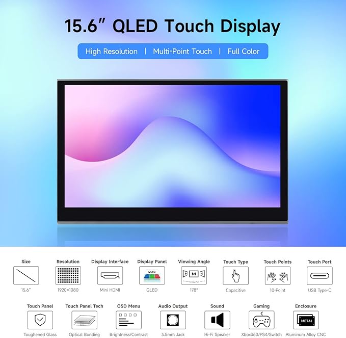 waveshare 15.6inch QLED Quantum Dot Display 1920×1080 Compatible with Raspberry Pi 5/4B/3B/Zero/Zero W/Zero 2W/Pico/Pico W/Pico WH Jetson Nano/ VisionFive2/ PC