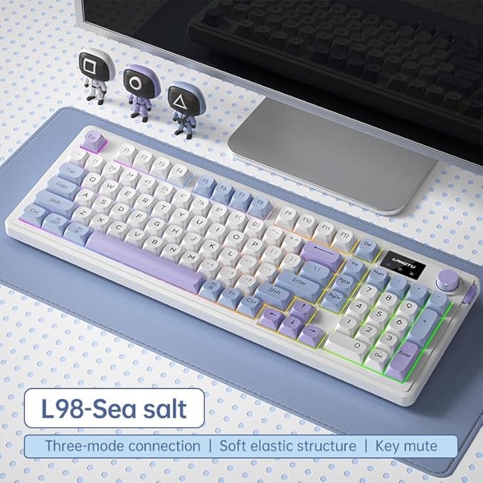 L98 96% Membrane KeyboardTri-Mode Connectivity RGB BacklightsRotary Knob+ScreenGasket MountedSa Profile Keycaps98 Keys Software Programmable Gaming Keyboard for MAC/Win (Blue Purple)