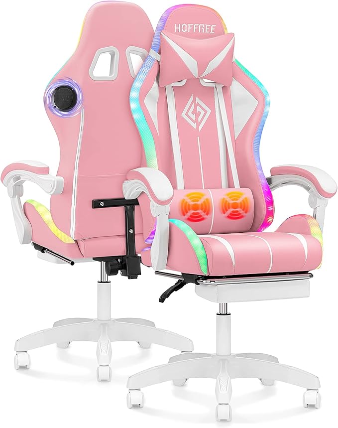 VANSPACE Computer Gaming Chair Pink with Bluetooth Speakers and RGB LED Lights for Girls Massage Chair with Footrest Cute Video Game Chairs High Back with Lumbar Support and Headrest Pink and White