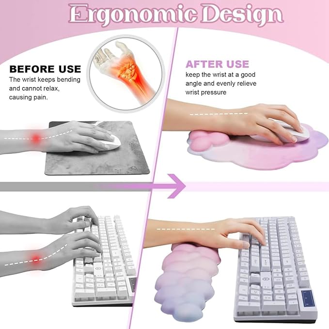 Cloud Mouse Keyboard Wrist Rest:Cute Wrist Rest Set -Ergonomic Memory Foam Wrist Support Pad with Non-Slip Base for Typing Pain Relief - for Computer Keyboard Laptop Offices (Cyan/Pale Purple/Pink)