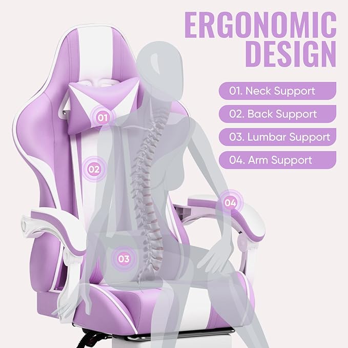 Ferghana Gaming Chairs Ergonomic Racing Style PC Game Computer Chair with Headrest Lumbar Support Adjustable Recliner PU Leather Video Computer Chair(Light Purple)