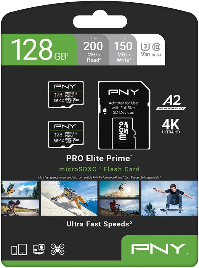 PNY 128GB PRO Elite Prime C10 U3 V30 A2 microSDXC Flash Memory Card – Ultra-Fast Speeds Read 200MB/s Write 150MB/s 4K UHD Full HD UHS-I for Smartphones Drones Action Cameras 2-Pack