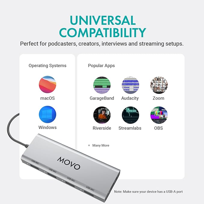 Movo UMX-1 USB Microphone Hub – 4-Port Powered USB Interface for Podcasting &amp Streaming Mics – Low-Noise High-Speed
