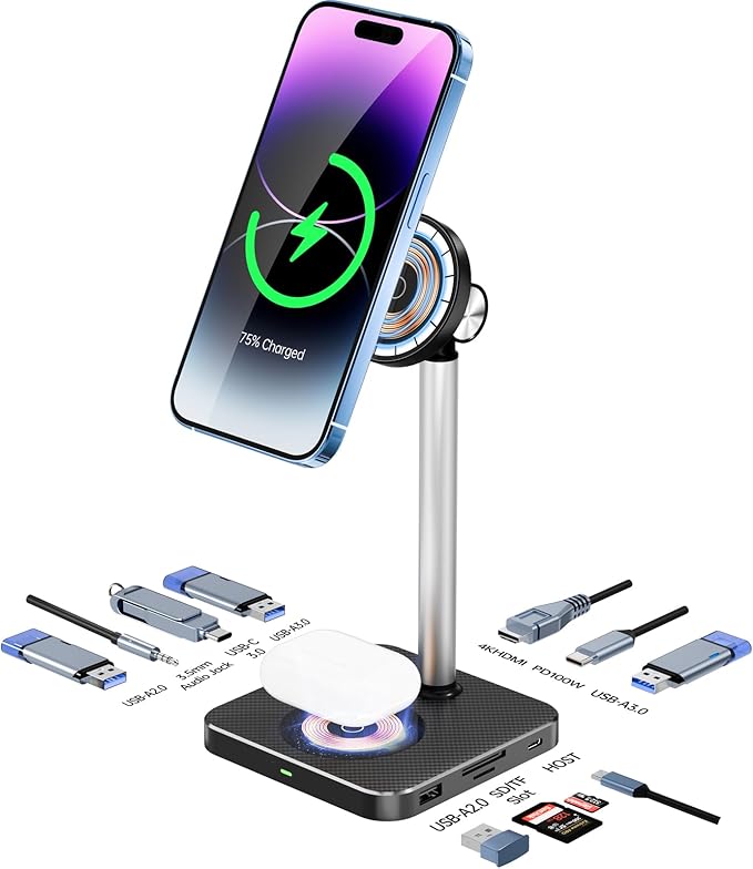 Laptop Docking Station 10-in-1 with Wireless Charger Phone Stand USB-C Hub for MacBook/Dell/HP Laptops(with USB-C Port 3.0 or higher) Cordless Charging Stand for iPhone 12/13/14/15/16 Series/AirPods