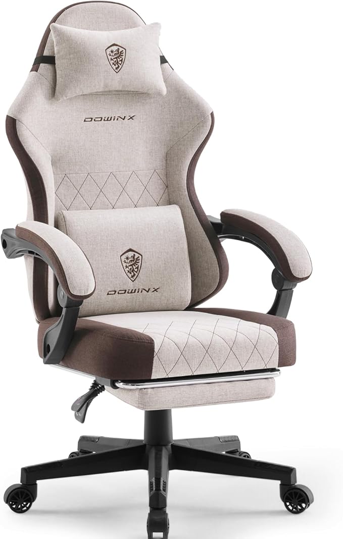 Dowinx Gaming Chair Fabric Gaming Chairs for Adults with Pocket Spring Cushions and Lumbar Support Ergonomic Massage Computer Chair with Footrest for Big and Tall Brown