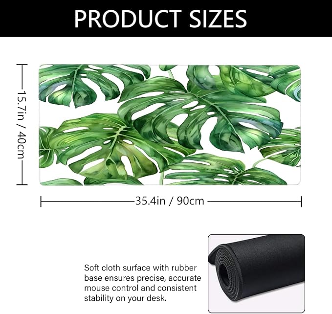 Summer Palm Green Leaf Large Mouse Pad Gaming Mousepad Desk Mat for Desktop Computer Keyboard Waterproof Mouse Mat Desk Pad with Non-Slip Base for Game School Office Home 35.4 x 15.7