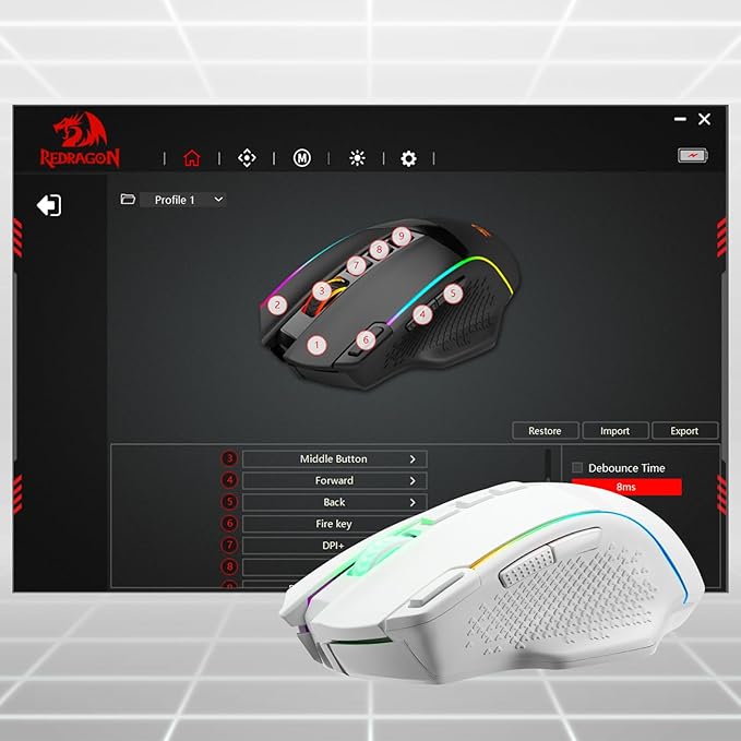 Redragon M991 Wireless Gaming Mouse 26000 DPI 3-Mode Gamer Mice w/Rapid Fire Key 9 Macro Buttons Powerful Capacity and RGB Backlight for PC/Mac/Laptop White