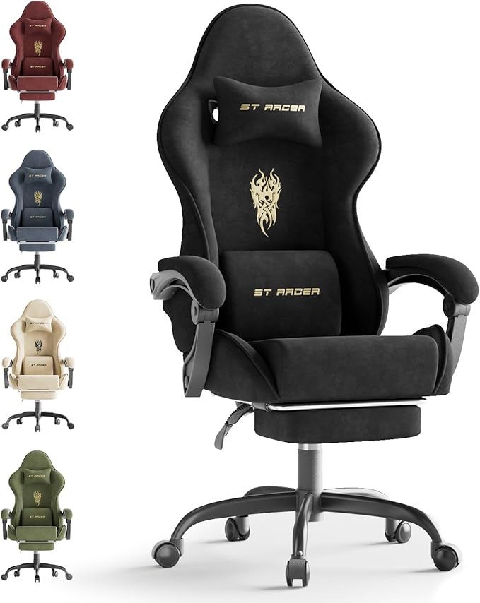 Huracan Velvet Fabric Racing Gaming Chair for Adults - Ergonomic Gamer Chair with Massage Lumbar Footrest &amp Spring Cushion | Home Office/Video Game Chair Black