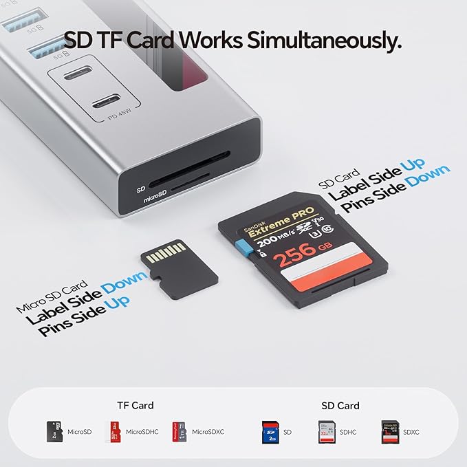 Powered USB C Hub PULWTOP 11-in-1 USB Hub with SD/TF 2*USB-C 10Gbps 4*USB-A 5/10Gbps and 2 * 24/45W Type-C PD Charging Ports (Not Support Video) USB Powered Hub (72W DC Adapter Included)