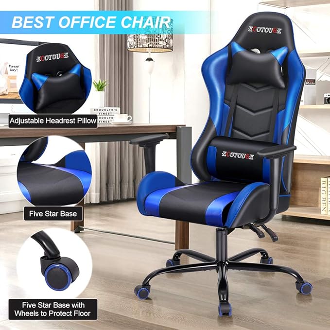 Massage Gaming Chair Video Racing Chair PC High Back Desk Computer Chair PU Leather Recliner w/Headrest and Lumbar Pillow Blue