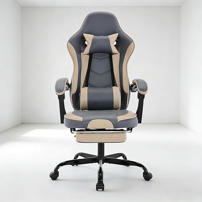 Gamer Chair Ergonomic Computer Chair Gaming Linked Armrests 300lb Capacity Heavy Duty Wide Seat Adjustable Recliner for Professional Players and Adults (Beige+Blue)