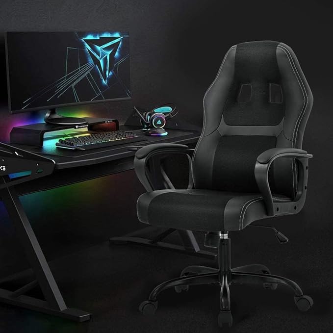 Racing Gaming Chair Ergonomic Video Game Chair with Massage Lumbar Support Headrest Armrest High-Back Adjustable PU Leather Rolling Swivel Computer Desk Chair for Home Office (Black)