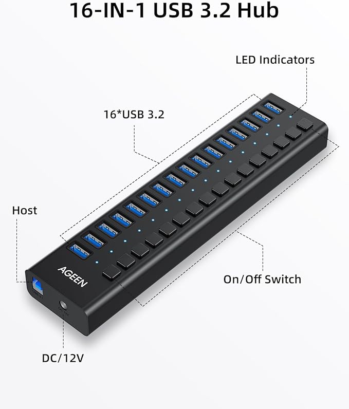 AGEEN 16-Port USB 3.2 Gen 2 Hub 10Gbps High-Speed Aluminum Powered Hub with 96W Adapter Individual Switches &amp Surge Protection for PC/Laptop Flash Drive Printer Camera