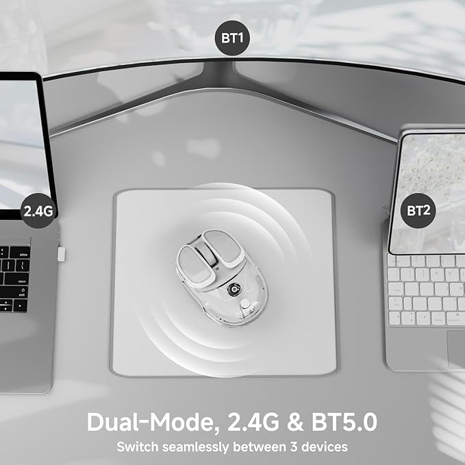 EWEADN Q9 Wireless Clear Mouse Dual Mode Bluetooth &amp 2.4G USB Computer Mouse with RGB Lighting Silent Clicks Multi-Device Compatibility for Laptop PC MacBook iPad Cute Mouse-White