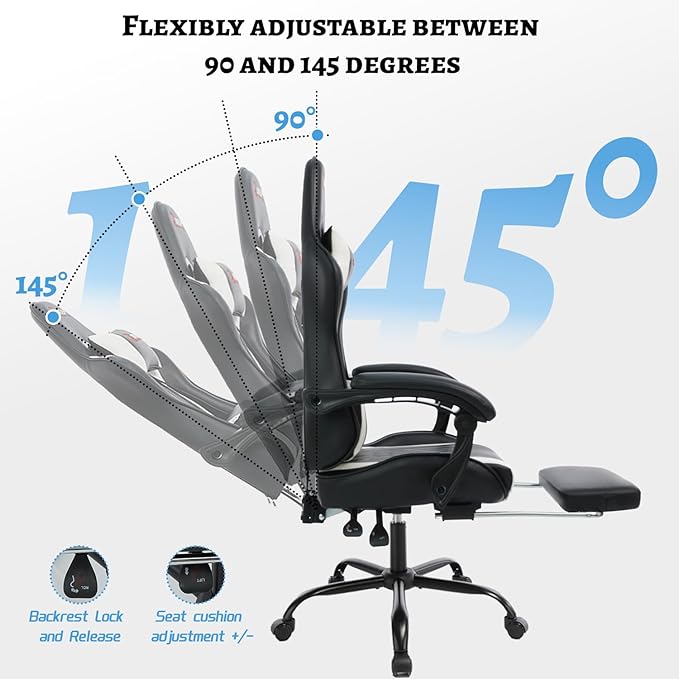 Ergonomic Gaming Chair with Footrest and Lumbar Massage Racing Office Chair High Back Computer Desk Chair with Headrest Pillow for Adults Video Game Chair for PC Gamer (1001-White)