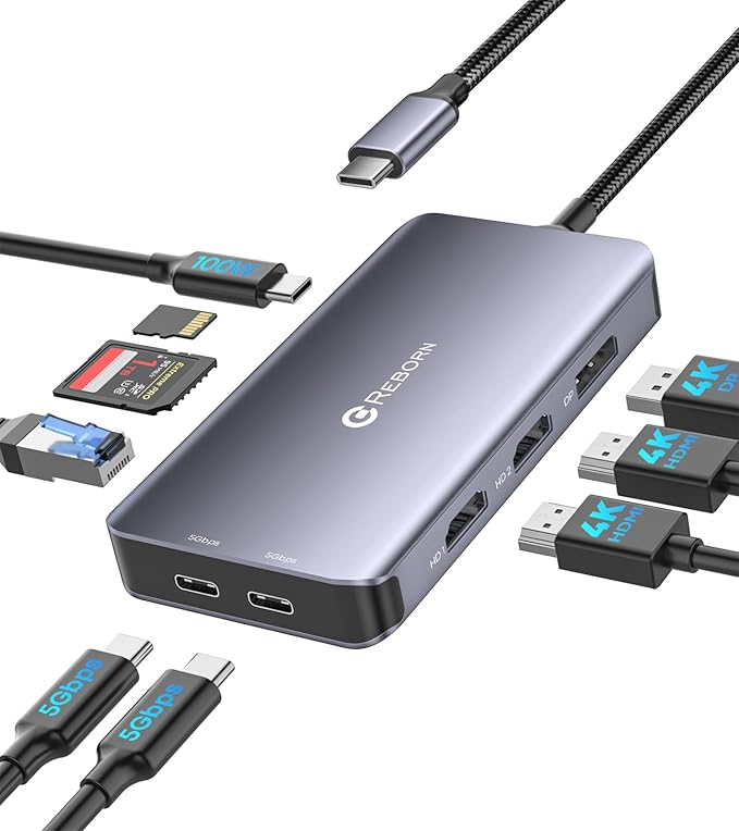 Reborn Docking Station Dual Monitor Adapter Laptop Docking Station 3 Monitors Triple Display USBC Hub Dongle to 4K60Hz HDMI+DP1Gbps Ethernet100W PDUSB C DataCard Readerfor DellHPLenovoSurface