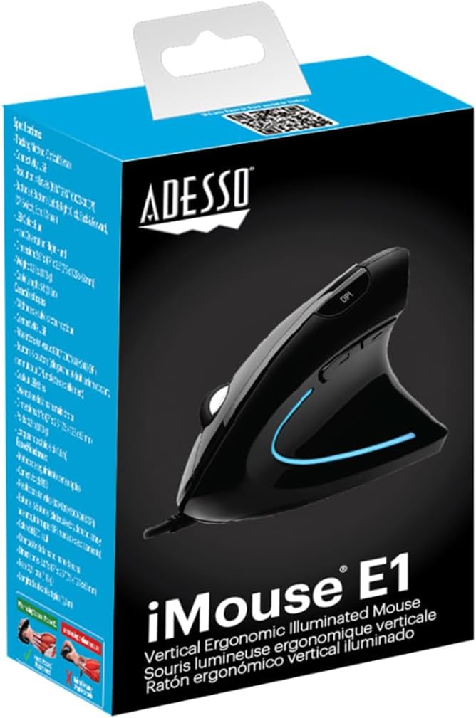 Adesso Wired Vertical Ergonomic Illuminated Optical 6-Button USB Mouse - Right Hand Orientation Black