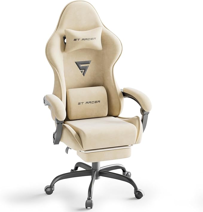 Soontrans Velvet Fabric Gaming Chair with Footrest Comfortable Video Gamer Chair for Adult Ergonomic Desk Game Office Computer Chairs with Massage Lumbar CushionHeadrest