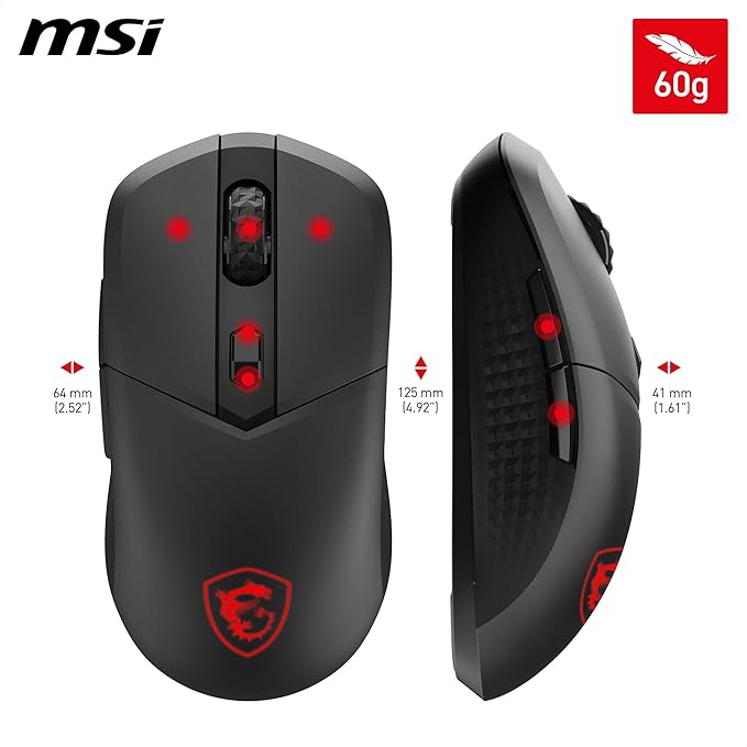 MSI Versa 300 Wireless Gaming Mouse - 8000 DPI Optical Sensor 1000 Hz Polling Rate Symmetrical 30M+ Click Kailh Micro Switches 6 Buttons 50-Hour Battery 1ms Latency RGB 60g - Wired/Wireless