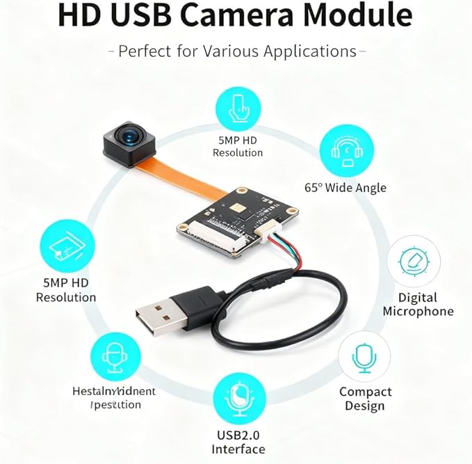 HD USB Camera Module Autofocus Video Webcam Board 5MP OV5640 with Digital Microphone - High Definition Image Wide Angle Lens Portable OTG Support for Monitoring and Industrial Use