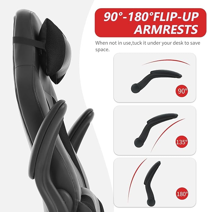 Gaming Chair High Back Computer Chair Egonomic Office Chair PU Leather Video Game Chairs Swivel Executive Chairwith Flip Up Arm Headrest Racing Chairs Rolling Chair for Adults Black