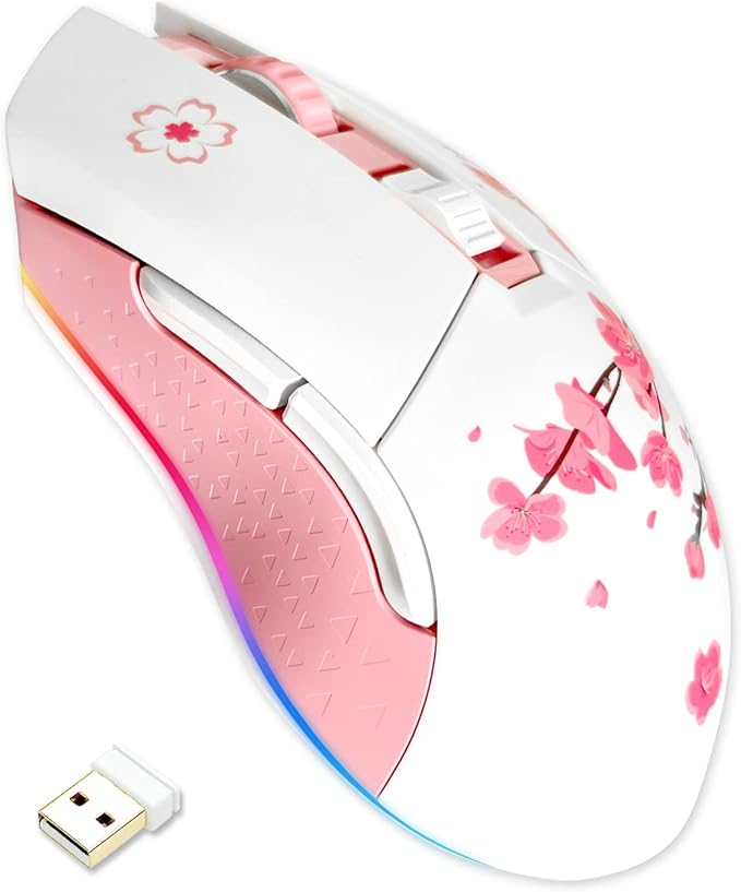 DAREU Sakura Pink Wireless Wired Gaming Mouse Dual-Mode Rechargeable 6 Programmable Buttons10K DPIRGB and 7 Adjustable DPI Levels up to [150IPS] [1000Hz Polling Rate] for PC Notebook Mac