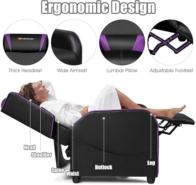 LDAILY Massage Recliner Chair Racing Style Gaming Chair w/Massage Lumbar Cushion Footrest &amp Headrest Ergonomic PU Leather Single Recliner Sofa for Living Room Home Office (Purple)