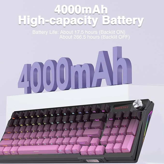 KUTETHY KY95 Series Wireless Mechanical Gaming KeyboardPre-lubed Kailh Dark Chocolate Switches98% Gasket Hot Swappable Custom RGB Side Printed PBT Keycaps Keyboard(BlackberryDark Chocolate switch)