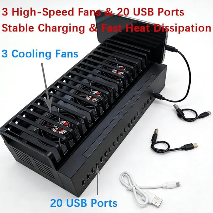Industrial Grade 20-Port USB Hub Charging Station with 300W Power Supply Carbon Steel Fast Charging BC1.2 Protocol HUB2.0 High-Speed Transmission 3-Level Fan Control Acrylic Stand (1 Black)