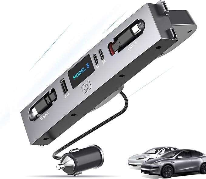 Max 132W Dual Type-C USB Hub Tesla New Model 3 Highland (2025/2024) Accessories 5 in 1 Fast Charger for iPhone 16/15 Series 2-Retractable Cable &amp 3-Port Docking Station