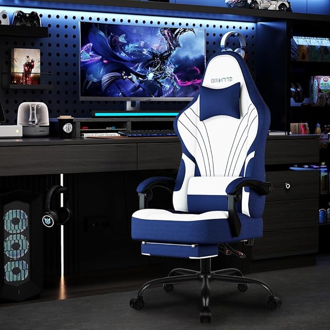 Gaming Chair Ergonomic Computer Chair with Footrest Big Tall PC Gamer Chair with Headrest and Massage Lumbar Support 360° Swivel Height Adjustable Fabric Video Office Chairs for Adults (Blue)