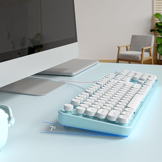Computer Keyboard Wired Plug and Play USB Retro Round Typewriter Keyboard Full Size Wired Keyboard with Foldable Stands for Laptop and Office PC- Blue&ampWhite Colorful