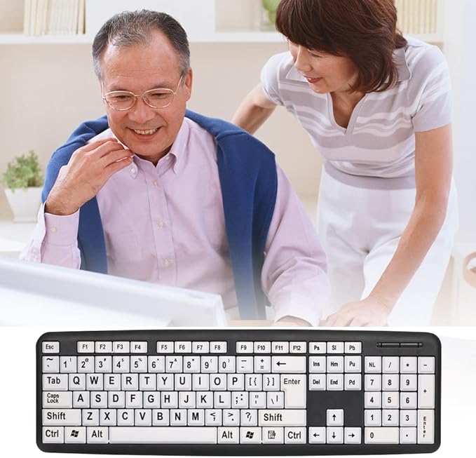 Ejoyous Large Print Computer Keyboard Wired USB White Keys Black Letters Keyboard for Visually Impaired Low Vision Individuals Full Size Keyboard for Desktop Laptop PC Gaming